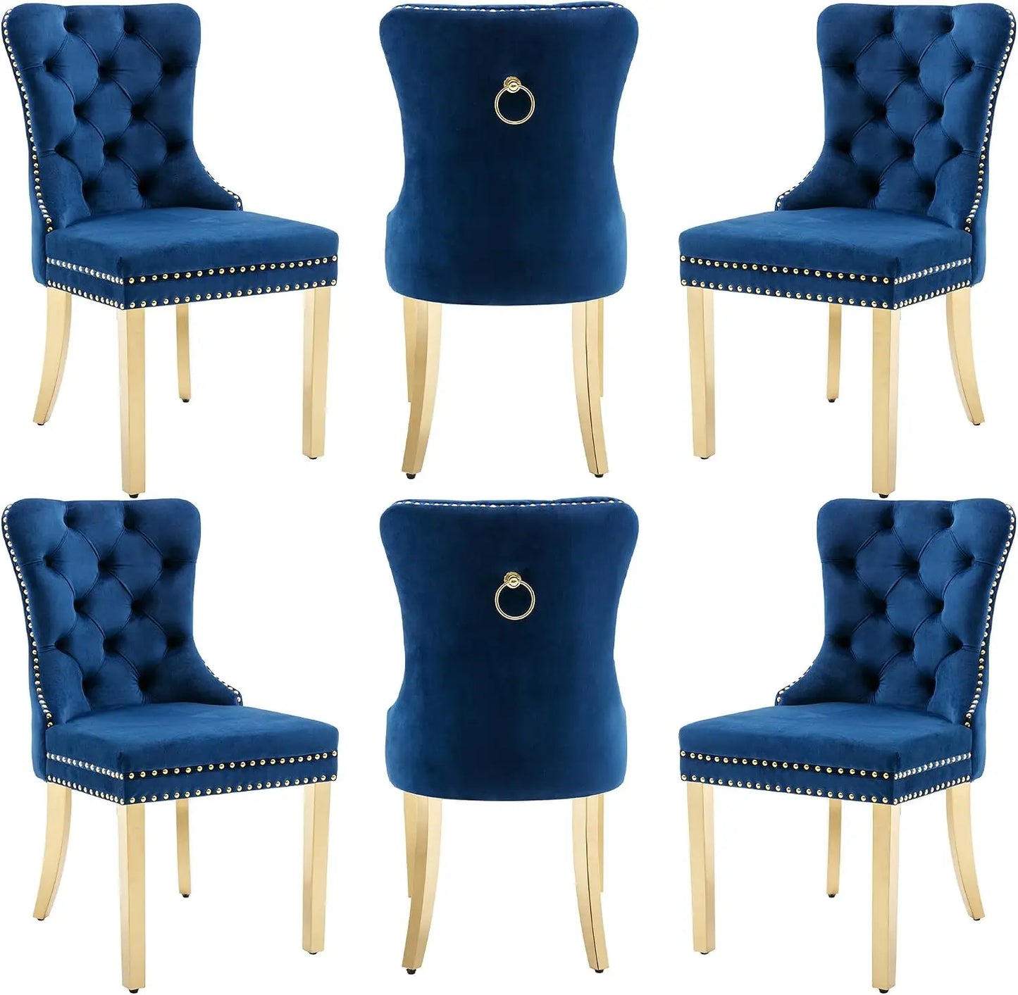 Velvet Dining Chairs Set of 6, Nikki Collection Dining Room Chairs with Golden Stainless Steel Legs and Pull Ring, Customized