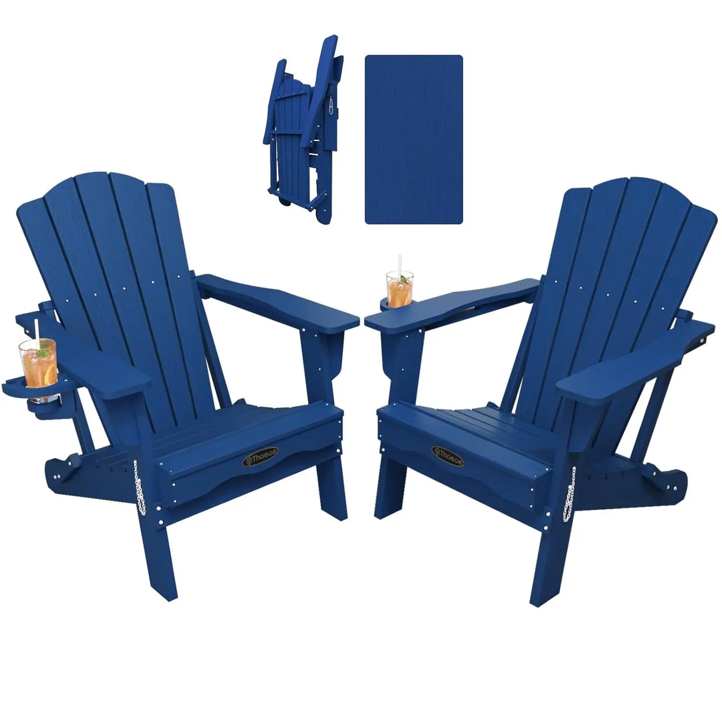 Folding Adirondack Chair Set of 2,HDPE All-Weather Outdoor Chair with Cup Holder,Wooden Textured,Fire Pit, Customized