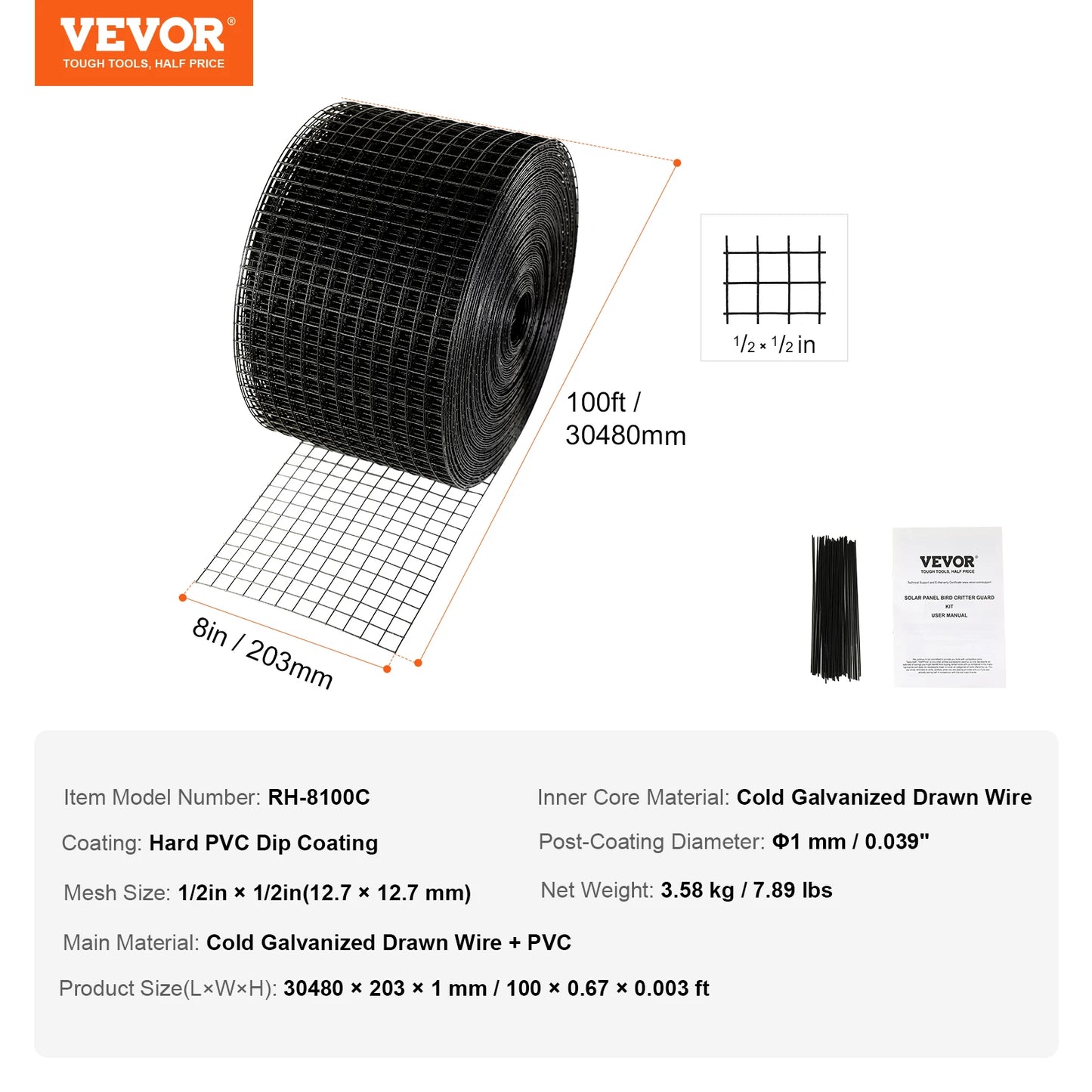 SucceBuy Solar Panel Bird Guard Critter Guard Roll Kit Stainless Steel Fasteners Solar Panel Rustproof PVC Coating WireRollMesh
