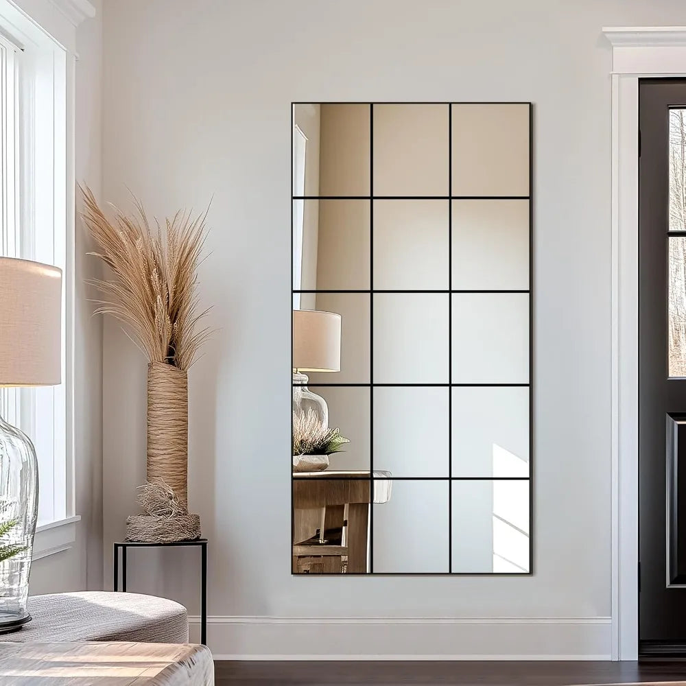 Delma Full Length Mirror, 28x55 Window Pane Decorative Wall Mirror, Black Metal Frame, Hanging or Leaning for Bedroom, Living Room, Entryway