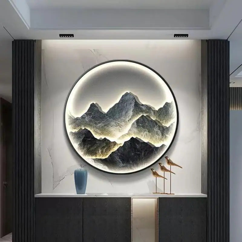 Modern Round LED Mural Lamp For Corridor House Living Room Home Decoration Lustre Mountain Hanging Painting Lighting Wall Light
