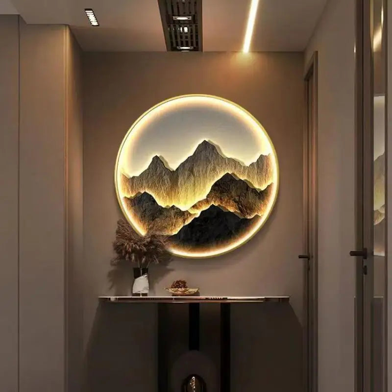Modern Round LED Mural Lamp For Corridor House Living Room Home Decoration Lustre Mountain Hanging Painting Lighting Wall Light