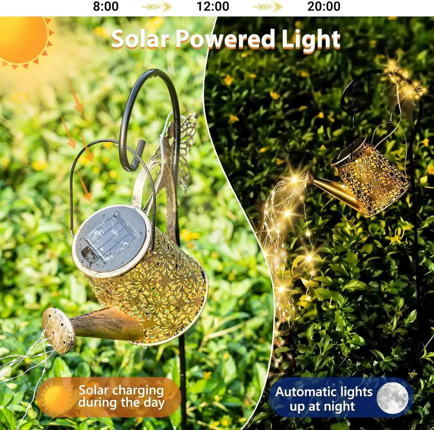 Solar Watering Can Light with Smart Auto On/Off, IP65 Rust-Proof Hanging Lantern for Garden Decor
