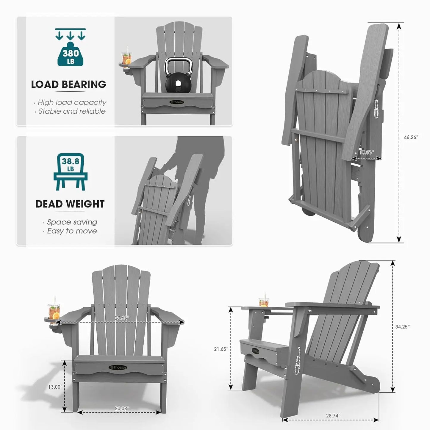 Folding Adirondack Chair Set of 2,HDPE All-Weather Outdoor Chair with Cup Holder,Wooden Textured,Fire Pit, Customized