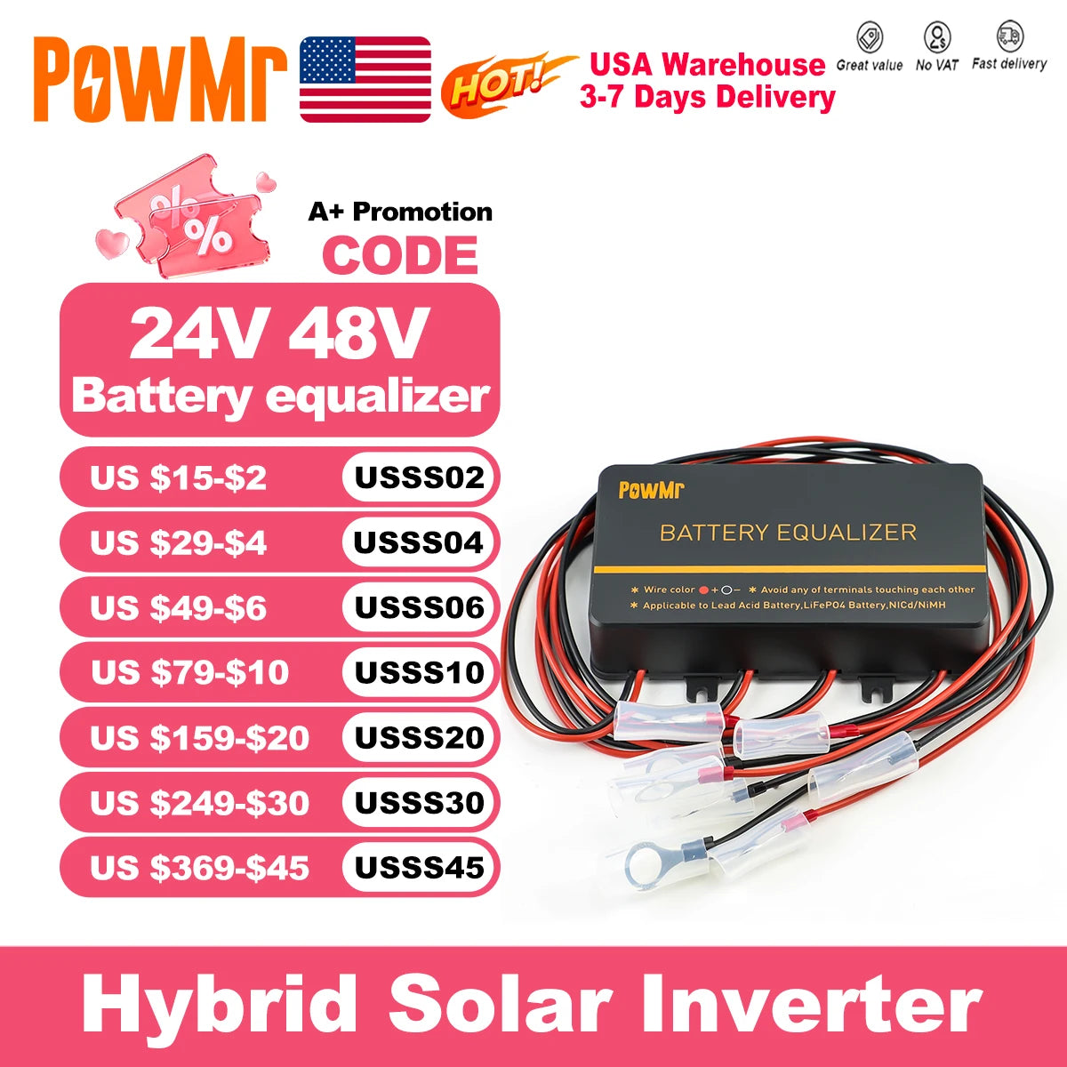 PowMr USA 24V 48V Battery Equalizer Voltage Balancer Equalize Voltage of Power Bank for Lifepo4 Battery to Extend Battery Life