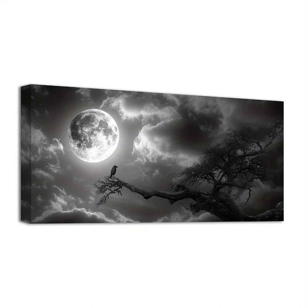 1.5 inch thick pine solid wood frame, black and white full moon decoration, night landscape art printing, interior decoration