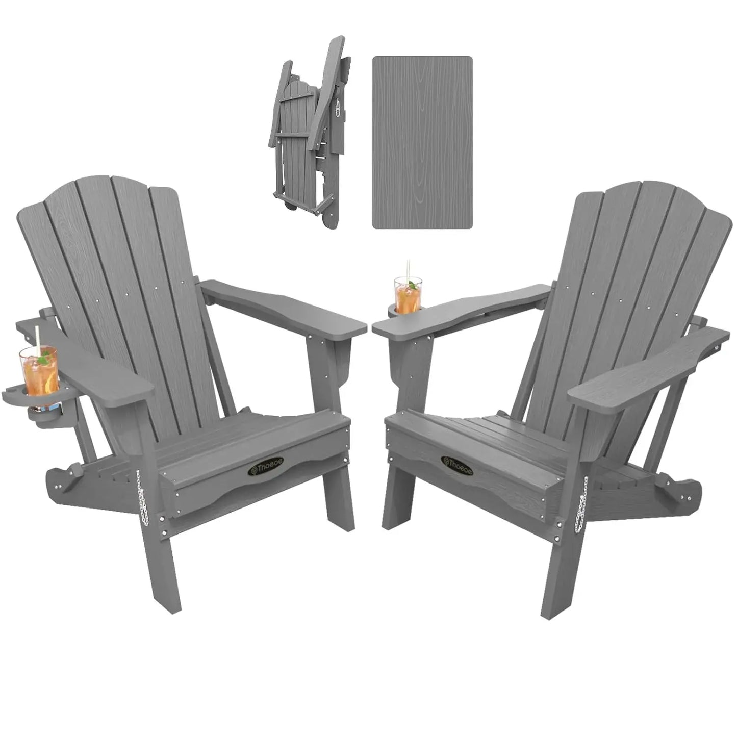 Folding Adirondack Chair Set of 2,HDPE All-Weather Outdoor Chair with Cup Holder,Wooden Textured,Fire Pit, Customized