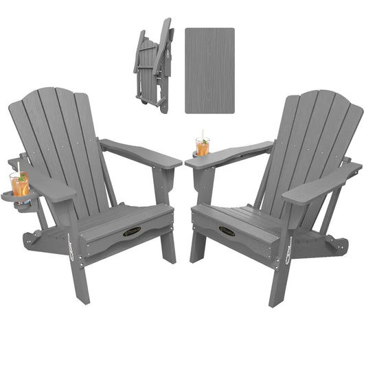 Folding Adirondack Chair Set of 2,HDPE All-Weather Outdoor Chair with Cup Holder,Wooden Textured,Fire Pit, Customized
