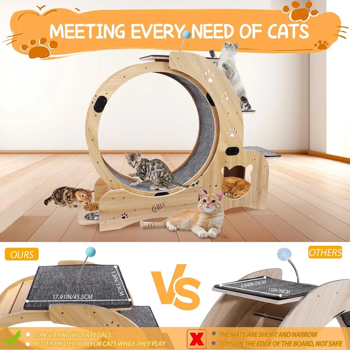 55" cat Wheel，cat Wheels for Indoor Cats，with Cat Bed, Scratching Board, Detachable Mat, Climbing Frame, Nest &, Customized
