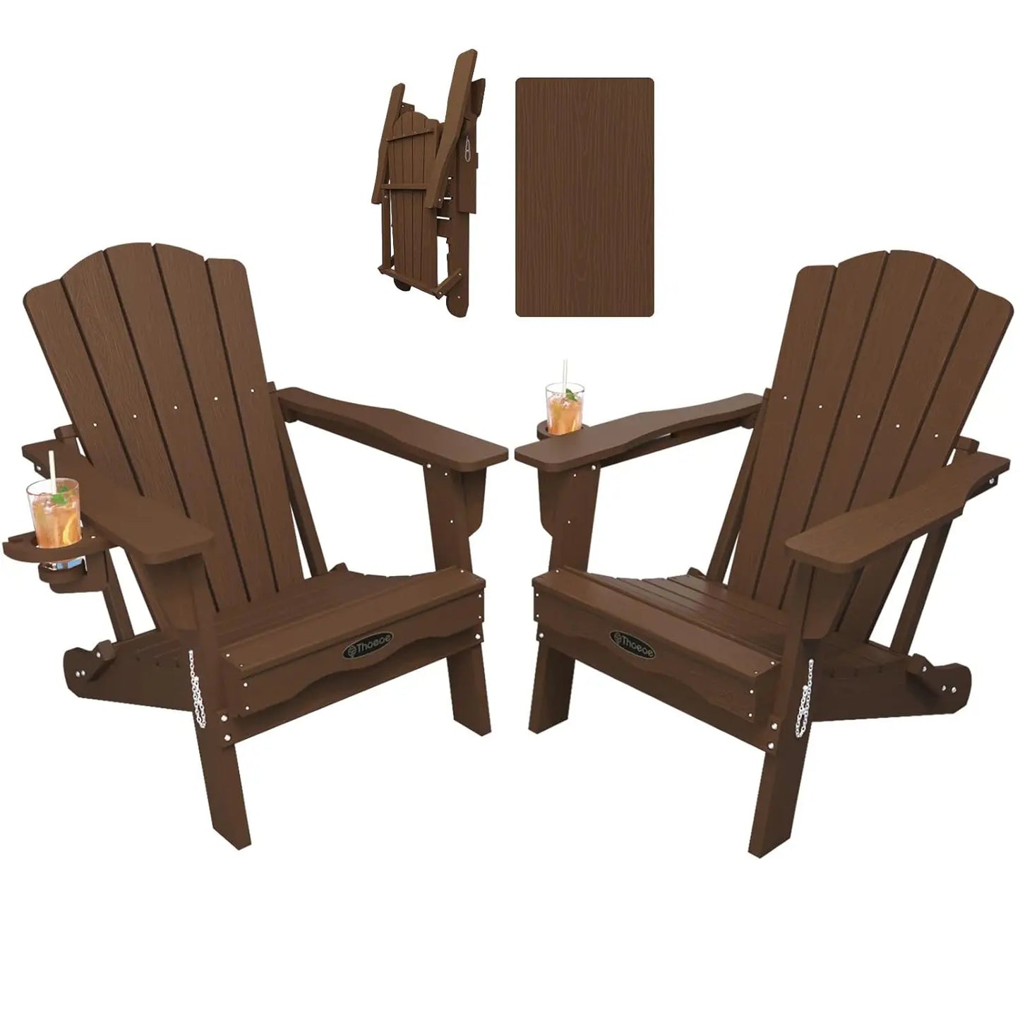 Folding Adirondack Chair Set of 2,HDPE All-Weather Outdoor Chair with Cup Holder,Wooden Textured,Fire Pit, Customized