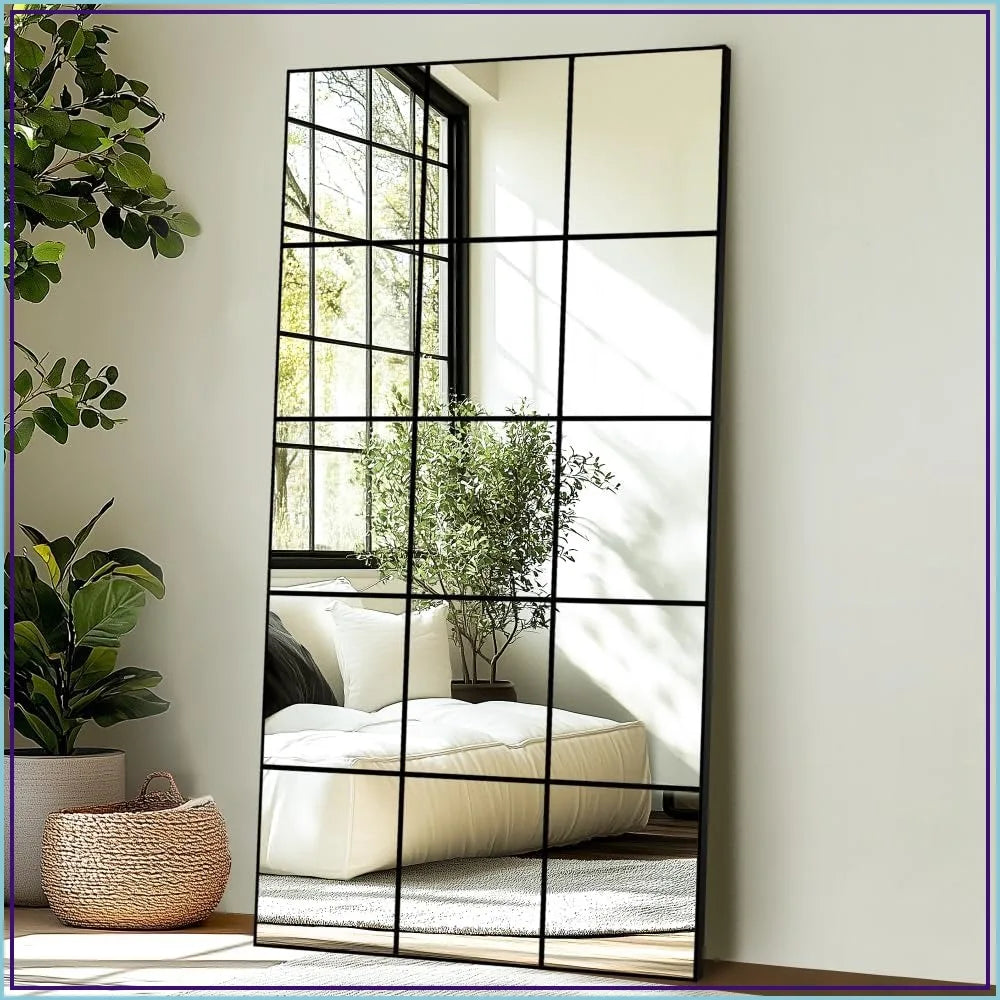 Delma Full Length Mirror, 28x55 Window Pane Decorative Wall Mirror, Black Metal Frame, Hanging or Leaning for Bedroom, Living Room, Entryway