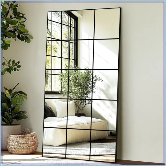 Delma Full Length Mirror, 28x55 Window Pane Decorative Wall Mirror, Black Metal Frame, Hanging or Leaning for Bedroom, Living Room, Entryway