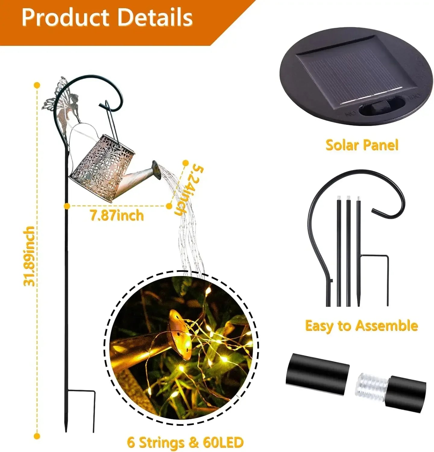 Solar Watering Can Light with Smart Auto On/Off, IP65 Rust-Proof Hanging Lantern for Garden Decor
