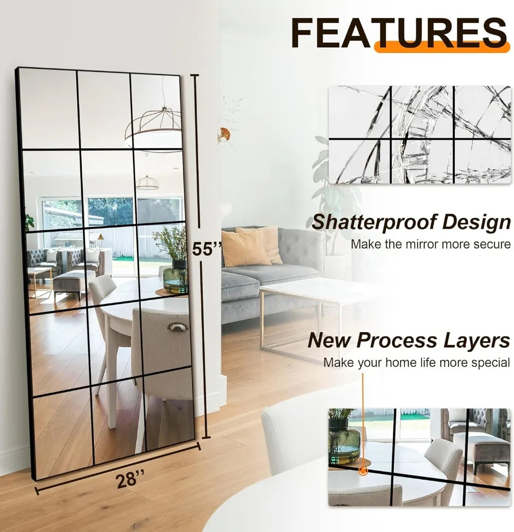 Delma Full Length Mirror, 28x55 Window Pane Decorative Wall Mirror, Black Metal Frame, Hanging or Leaning for Bedroom, Living Room, Entryway