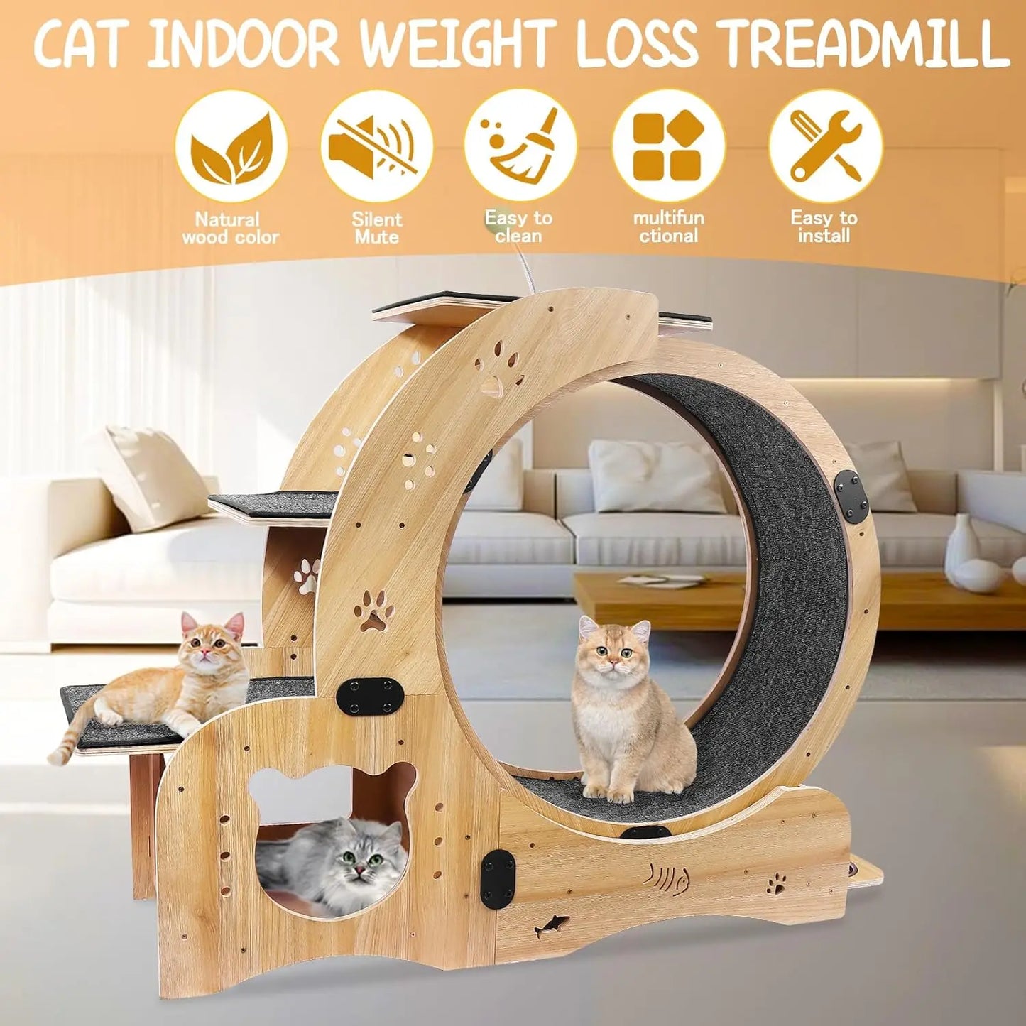 55" cat Wheel，cat Wheels for Indoor Cats，with Cat Bed, Scratching Board, Detachable Mat, Climbing Frame, Nest &, Customized