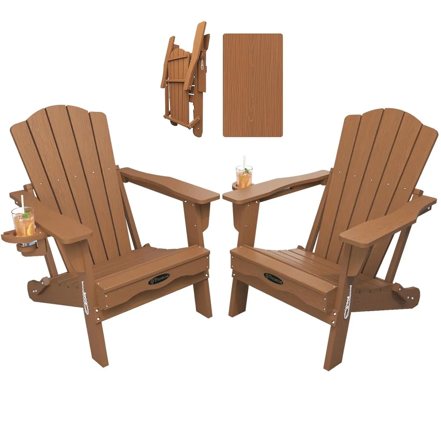 Folding Adirondack Chair Set of 2,HDPE All-Weather Outdoor Chair with Cup Holder,Wooden Textured,Fire Pit, Customized