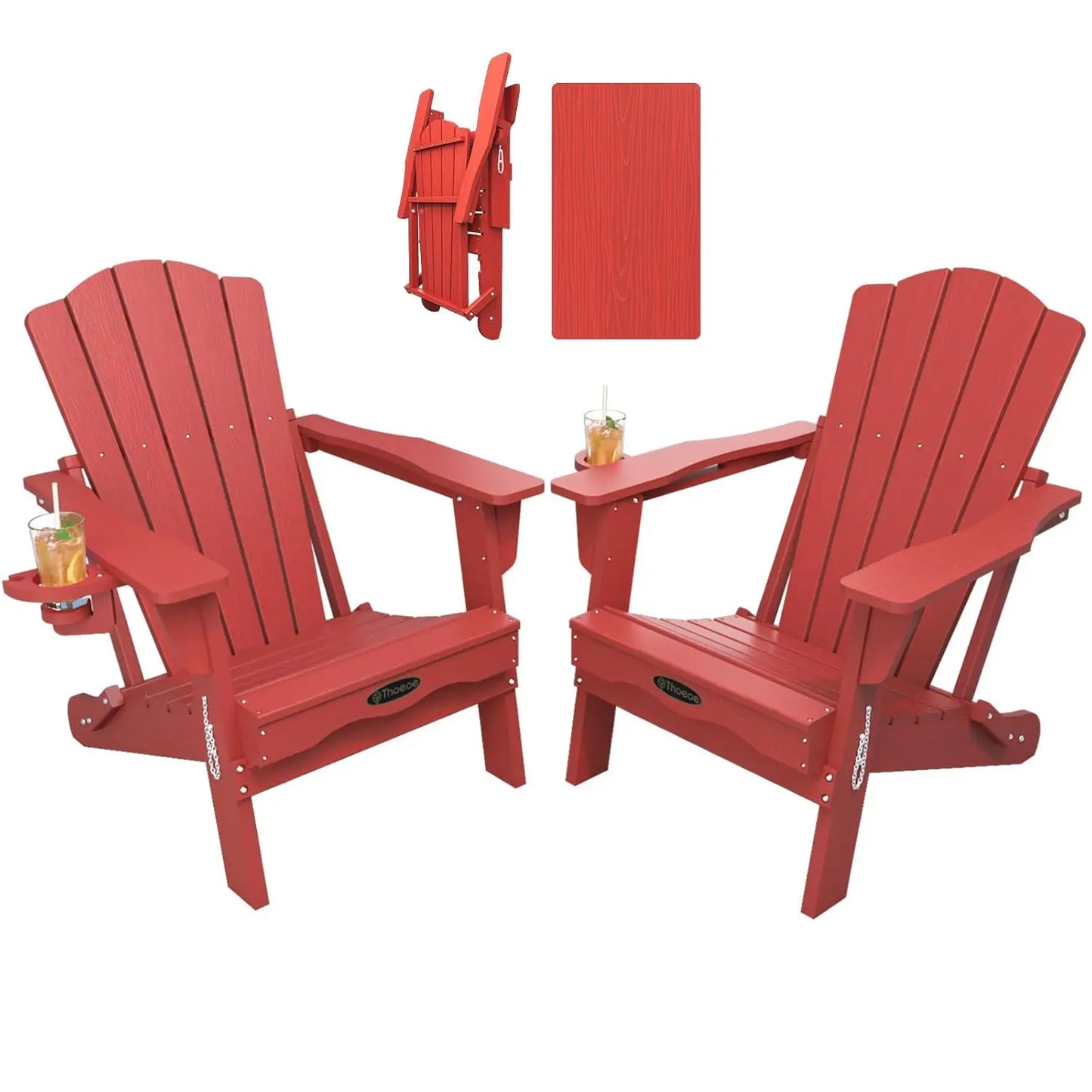 Folding Adirondack Chair Set of 2,HDPE All-Weather Outdoor Chair with Cup Holder,Wooden Textured,Fire Pit, Customized