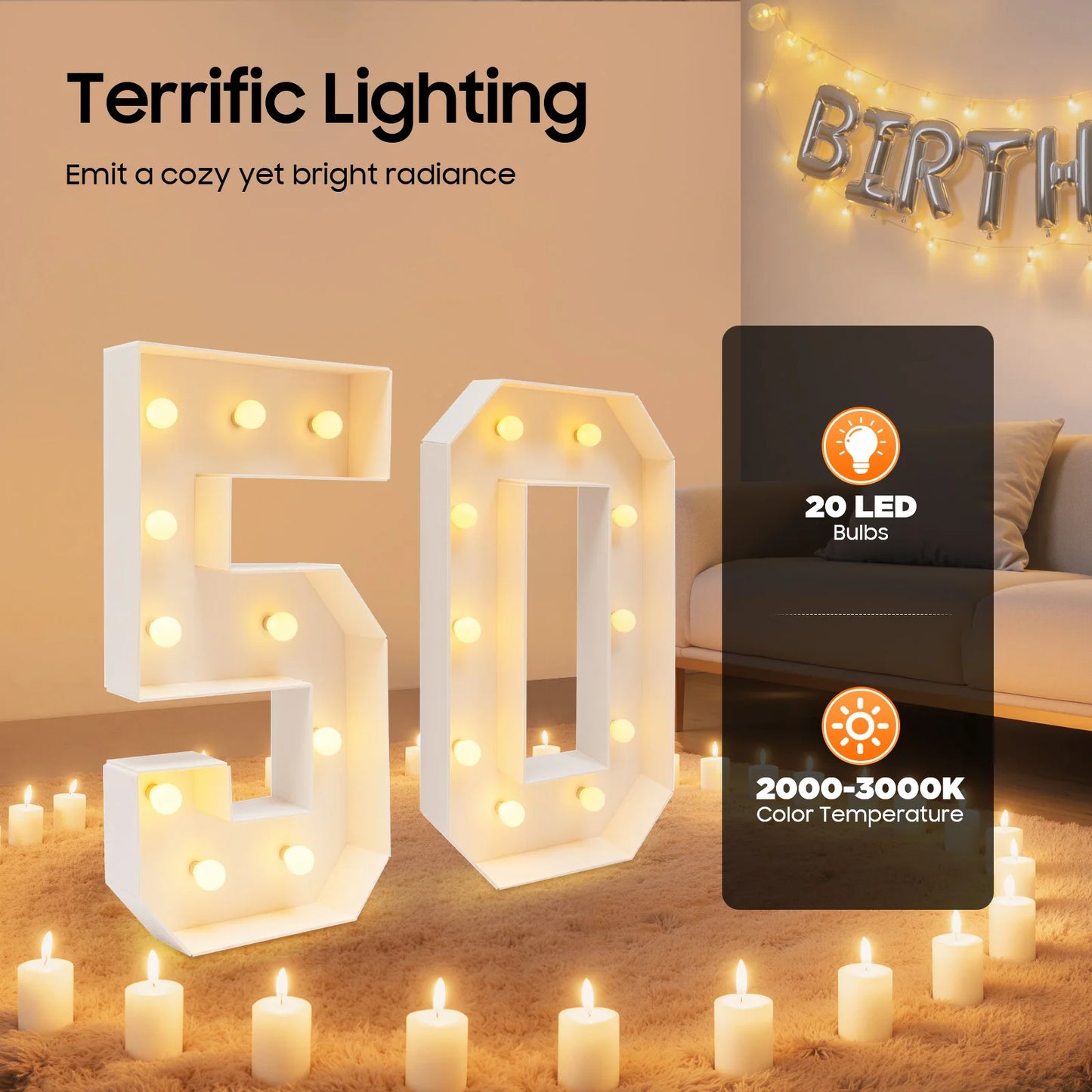 50 Light Up Numbers, Luminous Stereoscopic Number Frame 50th Birthday Party Decoration for Birthday Decorations