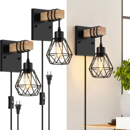 in Wall Sconces Set of Two, Vintage Wood Wall Lamps with Plug in Cord, Farmhouse Wall Light Fixture with 5.25FT On Off Switch Co