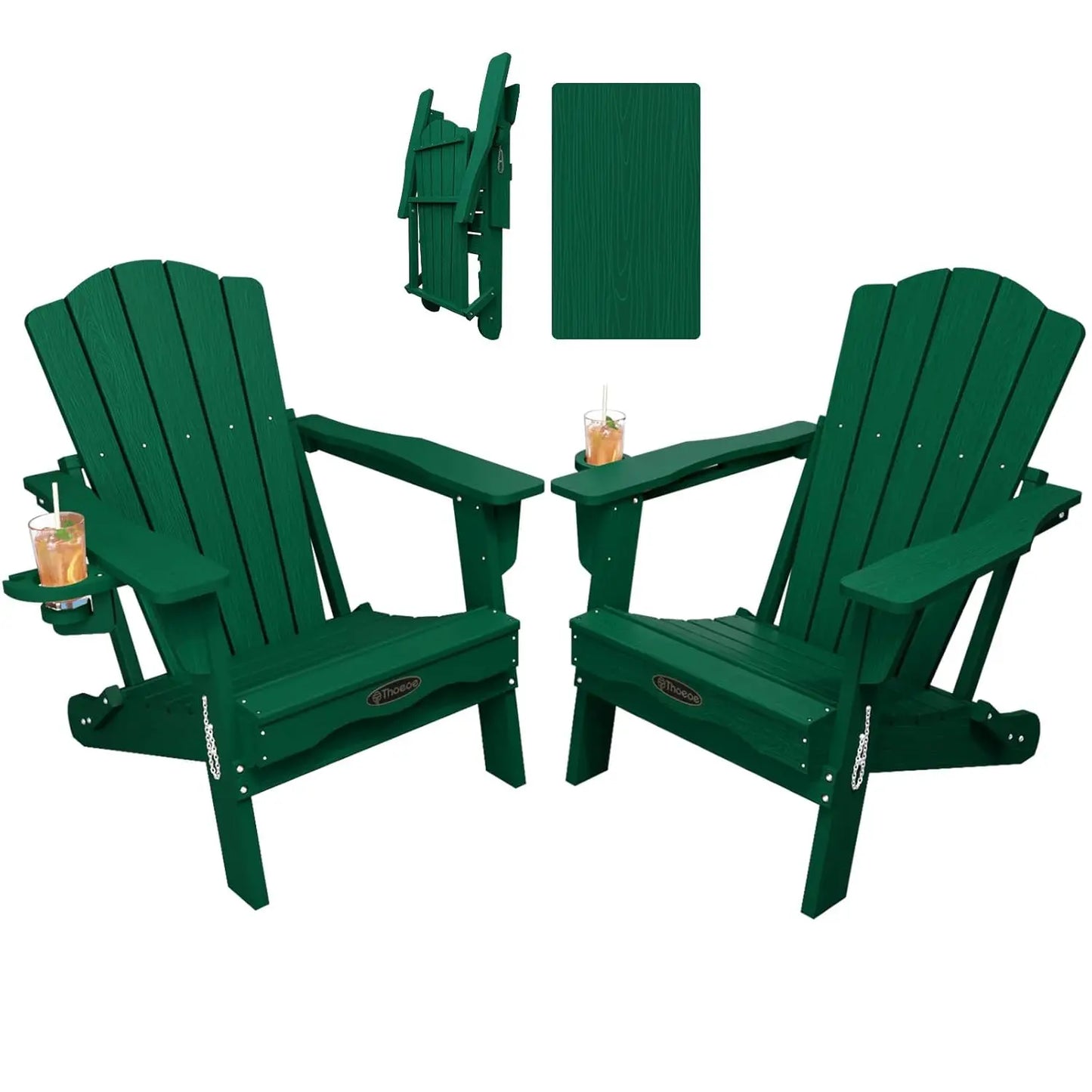 Folding Adirondack Chair Set of 2,HDPE All-Weather Outdoor Chair with Cup Holder,Wooden Textured,Fire Pit, Customized