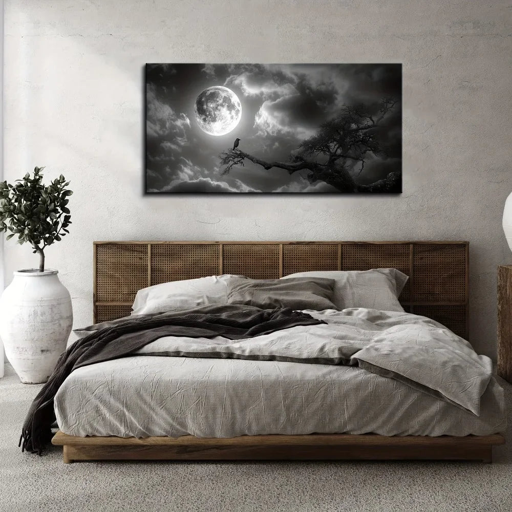1.5 inch thick pine solid wood frame, black and white full moon decoration, night landscape art printing, interior decoration