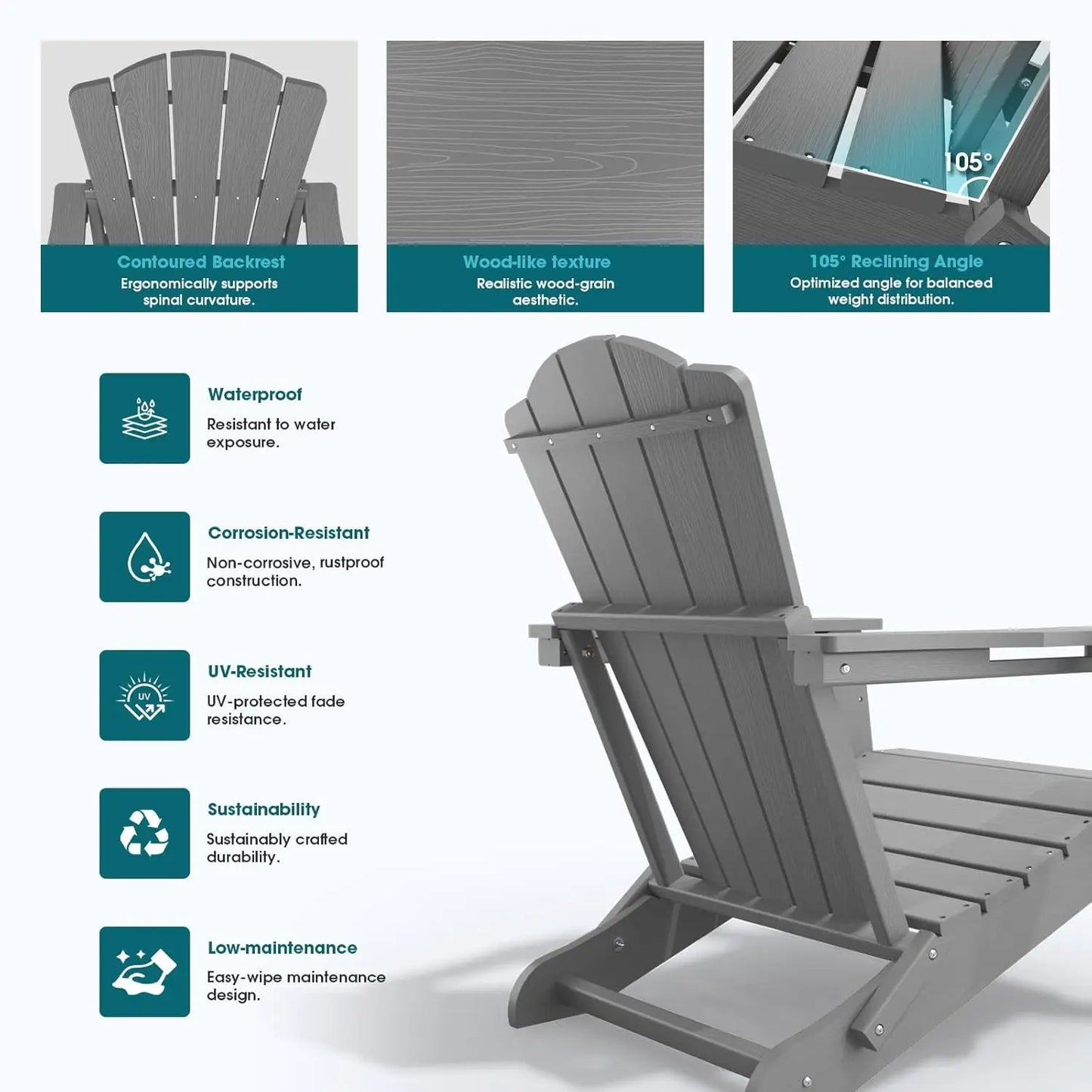 Folding Adirondack Chair Set of 2,HDPE All-Weather Outdoor Chair with Cup Holder,Wooden Textured,Fire Pit, Customized