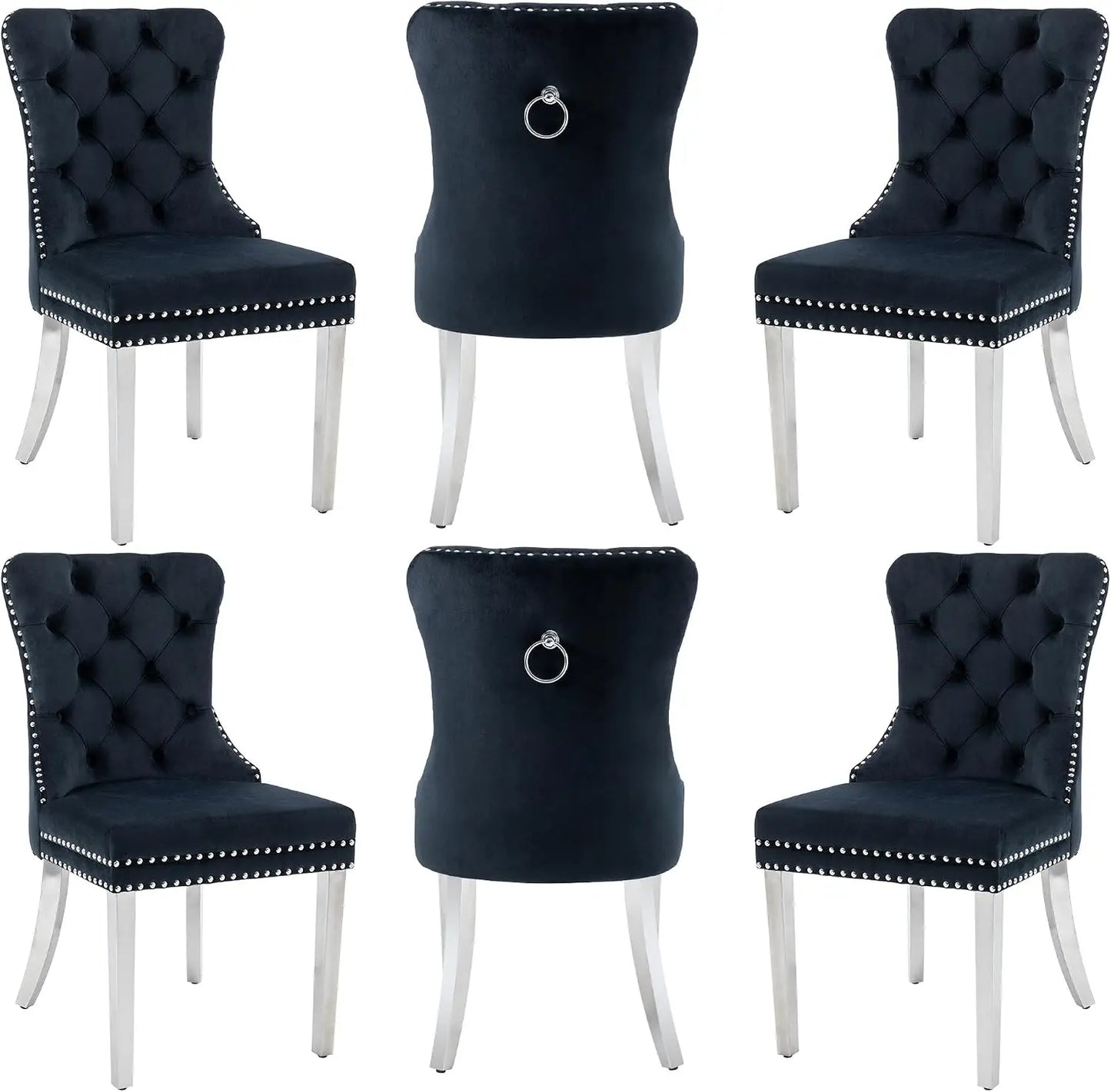 Velvet Dining Chairs Set of 6, Nikki Collection Dining Room Chairs with Golden Stainless Steel Legs and Pull Ring, Customized