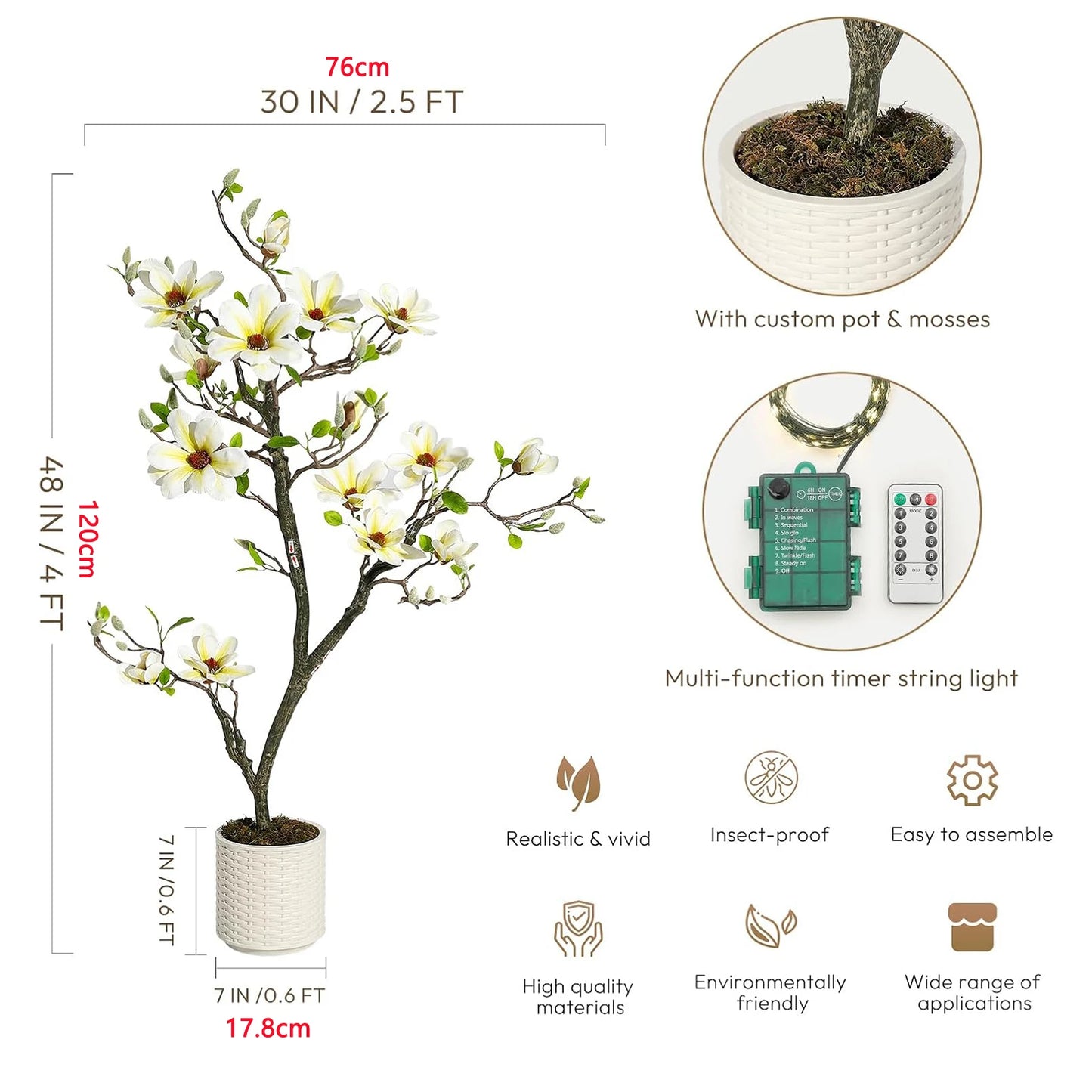 Artificial Magnolia Plant Faux Flower Trees Fake Plants with LED Light for Yard Patio Home Office Arrangement Decor