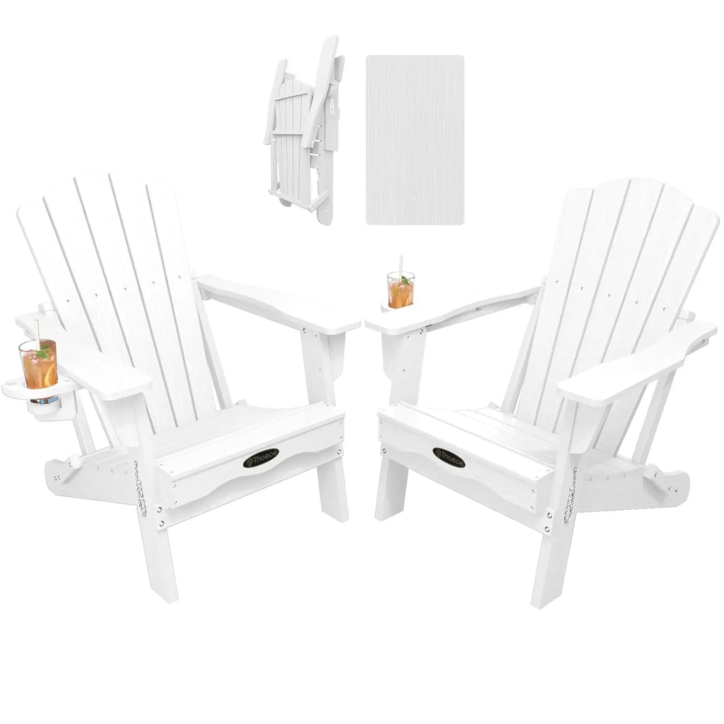 Folding Adirondack Chair Set of 2,HDPE All-Weather Outdoor Chair with Cup Holder,Wooden Textured,Fire Pit, Customized