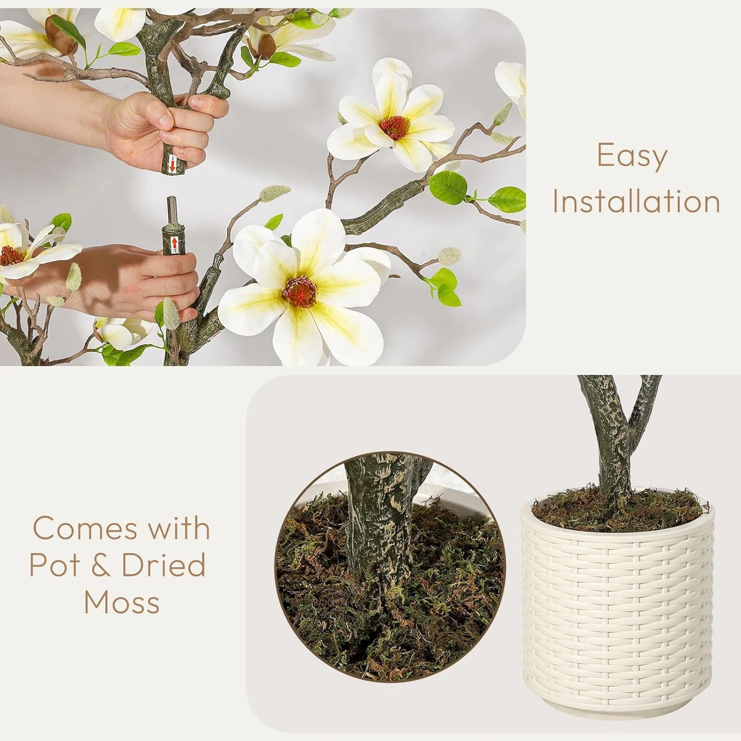 Artificial Magnolia Plant Faux Flower Trees Fake Plants with LED Light for Yard Patio Home Office Arrangement Decor