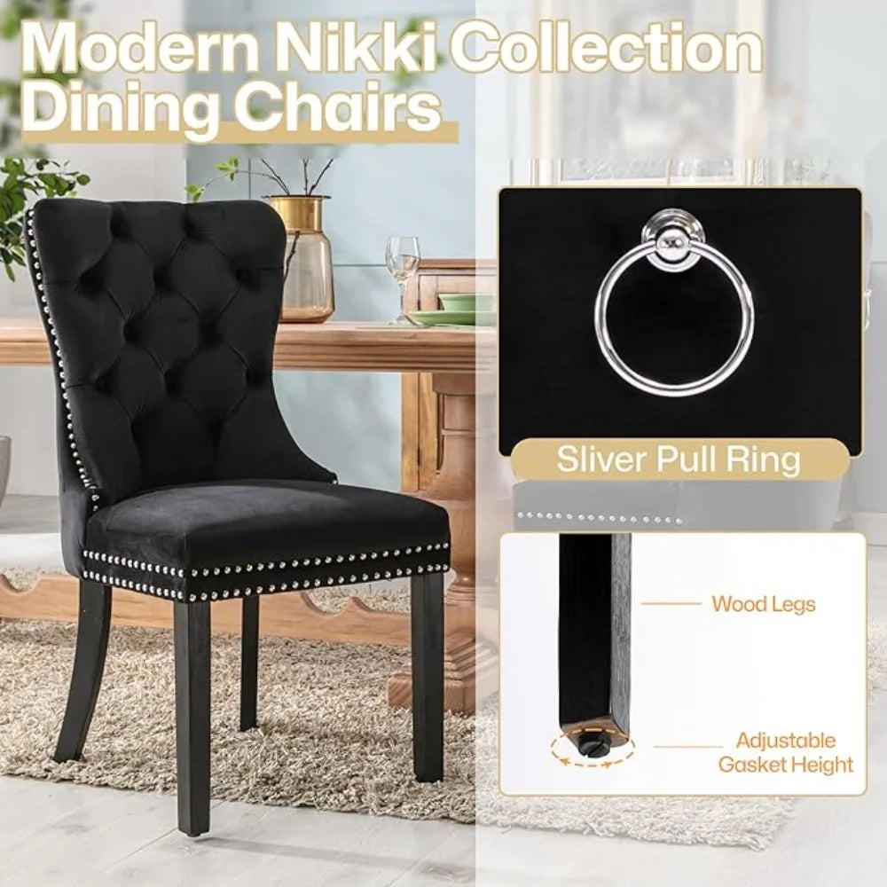 Velvet Dining Chairs Set of 6, Nikki Collection Dining Room Chairs with Golden Stainless Steel Legs and Pull Ring, Customized