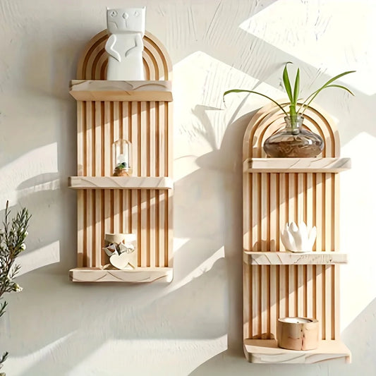 Bohemian Style Wooden 3-Layer/5-Layer Oval Wall Shelf Flower Pot Rack - Minimalist Home And Bedroom Decoration, Living Room Storage Shelf, Wall-Mounted, Wooden End, Home Decoration, Festive Decoration Storage