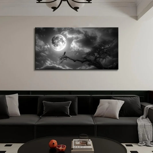 1.5 inch thick pine solid wood frame, black and white full moon decoration, night landscape art printing, interior decoration